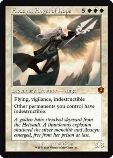 The "Avacyn, Angel of Hope (Retro Frame)" card from Innistrad Remastered by Magic: The Gathering features a legendary 5/8 white creature. This angel has long white hair and armor, wields a sword, and possesses flying, vigilance, and indestructible abilities.