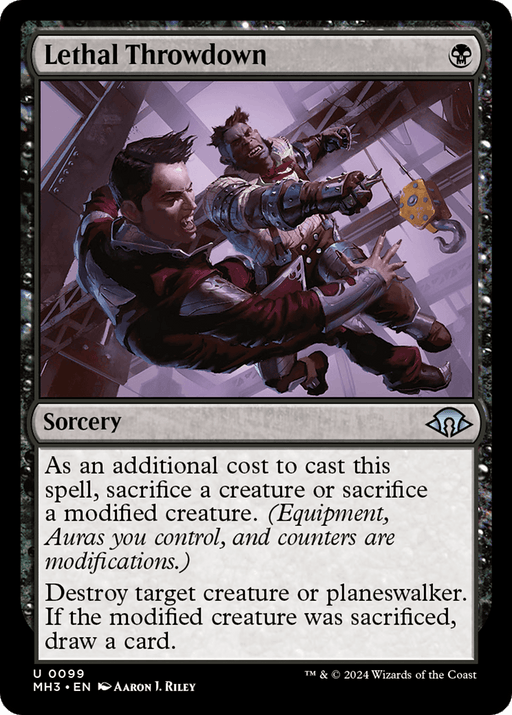 A Magic: The Gathering card called "Lethal Throwdown [Modern Horizons 3]" features two soldiers fighting against a robotic enemy amidst an urban battlefield. This Sorcery from Magic: The Gathering requires the sacrifice of a creature and lets you destroy target creature or planeswalker.