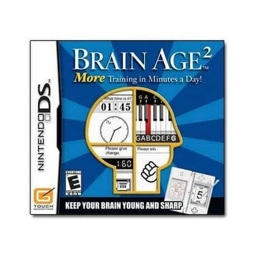 Cover of the "Brain Age 2" Nintendo DS game by Everything Games. It showcases a yellow silhouette of a head containing a clock, piano keys, a coin puzzle, and a hand gesture. Set against a blue background with the text "More Training in Minutes a Day!" Engage in brain-training activities suitable for everyone with an E rating.