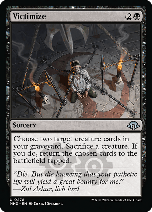 A Magic: The Gathering card titled "Victimize [Modern Horizons 3]" features a dark, gloomy scene. A chained figure kneels on a rune-inscribed stone floor surrounded by lit candles and skeletal remains. This uncommon sorcery spell sacrifices a creature to return two others from the graveyard, featured in Magic: The Gathering.