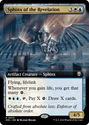 A Magic: The Gathering card titled "Sphinx of the Revelation (Extended Art) (Ripple Foil) [Modern Horizons 3 Commander]." This artifact creature with flying and lifelink has abilities related to gaining life and drawing cards. Its cost is 3 generic mana, 1 white mana, and 1 blue mana, and its stats are 4 power and 5 toughness, making it a standout in Modern Horizons 3 Commander decks.
