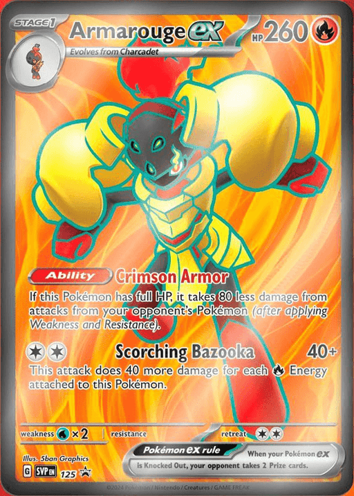 A Pokémon trading card featuring Armarouge ex (125) [Scarlet & Violet: Black Star Promos] by Pokémon with 260 HP. Evolving from Charcadet, this Fire Type card showcases abilities "Crimson Armor" and "Scorching Bazooka," which deals extra damage per energy attached. Part of the Scarlet & Violet Black Star Promos series, it’s illustrated by 5ban Graphics, number SVP 125/165.