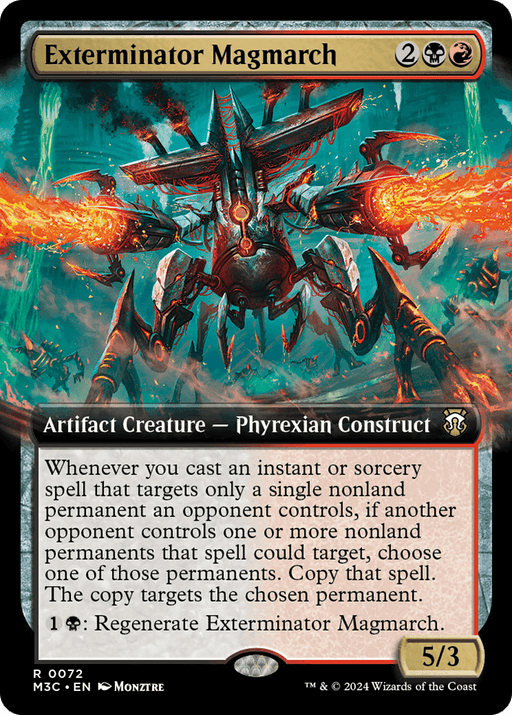 Exterminator Magmarch (Extended Art) [Modern Horizons 3 Commander] from Magic: The Gathering is a card featuring a Phyrexian Construct with multiple legs and red glowing elements. It displays casting cost, abilities, and power/toughness details at the bottom, set against a fiery, chaotic landscape.