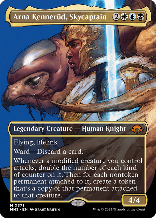 The Magic: The Gathering card "Arna Kennerud, Skycaptain (Borderless) [Modern Horizons 3]" features a mythic legendary human knight named Arna Kennerud. Sporting golden armor and wielding a sword and shield, Arna rides a giant eagle. This fantasy-themed card's text includes abilities such as flying, lifelink, ward, and a special attack ability.