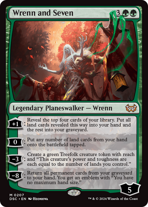 The image is a Magic: The Gathering card named "Wrenn and Seven [Duskmourn: House of Horror Commander]," a Mythic Legendary Planeswalker — Wrenn. It features a tree-like figure with a humanoid appearance, holding a glowing object. With green borders and text listing abilities like revealing cards and creating tokens, it has a mana cost of 3GG and loyalty count of 5.