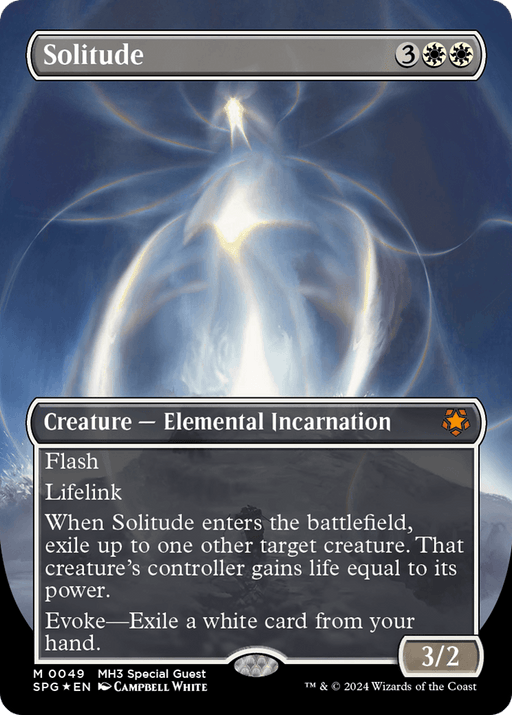 A Magic: The Gathering card titled "Solitude (Borderless) (Textured Foil) [Modern Horizons 3 Special Guests]." This Mythic rarity from Modern Horizons 3 costs 3 white-white mana and features a glowing ethereal figure in a swirling, abstract background. It's a 3/2 Creature Elemental Incarnation with Flash, Lifelink, and abilities to exile a target creature and evoke by exiling a white card.