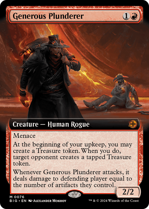 A "Magic: The Gathering" card titled "Generous Plunderer (Extended Art) [Outlaws of Thunder Junction: The Big Score]" is depicted. Costing 1 red and 1 colorless mana to play, it features a human rogue from the Outlaws of Thunder Junction in dark, tattered clothing with a glowing red hand, standing in front of a burning landscape. The card has Menace and 2/2 power and toughness.