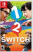Cover of the Nintendo Switch game "1-2-Switch" by Nintendo. The upper half shows two people holding Joy-Con controllers, facing each other, ready for a party game. The lower half features two people dressed in cowboy attire, pointing fingers like guns at each other. The colorful background highlights the game's title in bold white letters.