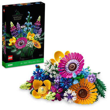 The LEGO Icons Wildflower Bouquet Artificial Flowers set by Lego brightens up any home decor with its lively mix of blue, purple, pink, yellow, and orange flowers. The packaging accentuates the bouquet's intricate artistry, making it ideal for DIY floral arrangements.