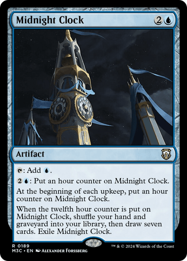 An image of the "Midnight Clock (Ripple Foil) [Modern Horizons 3 Commander]" Magic: The Gathering card from Modern Horizons 3 Commander. The blue card depicts a towering clock adorned with blue banners against a night sky. As an artifact, it has abilities to add mana, place hour counters, and once it reaches twelve counters, shuffle and draw seven cards.