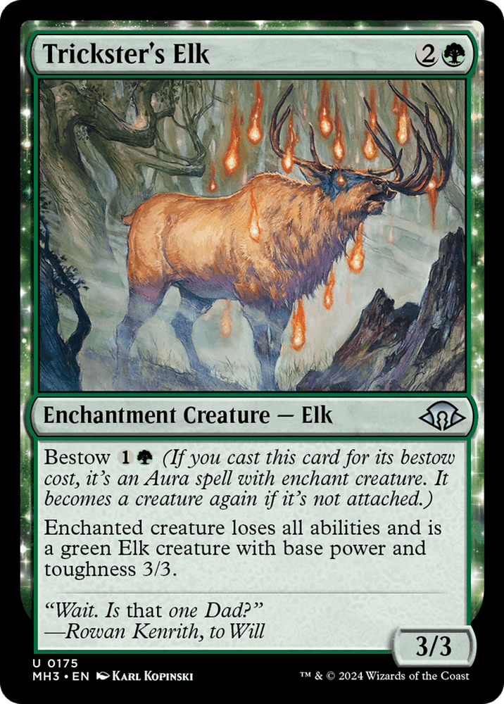 Illustrated Magic: The Gathering card named "Trickster's Elk [Modern Horizons 3]." The card shows a large elk with glowing blue eyes and antlers, standing on a rocky terrain with a misty background. Emitting a magical aura, this Enchantment Creature boasts unique effects. The card text explains its in-game mechanics and flavor text at the bottom.