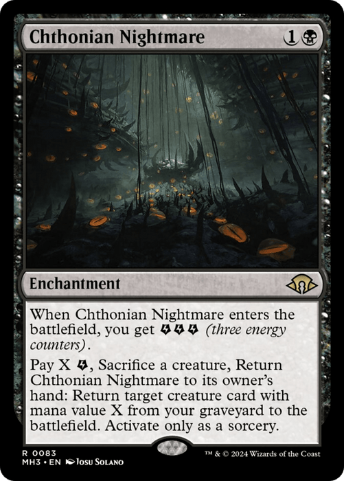 A Magic: The Gathering card titled "Chthonian Nightmare [Modern Horizons 3]." This enchantment, with a casting cost of 1 generic mana and 1 black mana, showcases an eerie forest with glowing fungi. Its text details abilities involving energy counters and returning creature cards. Set info and artist name at the bottom.