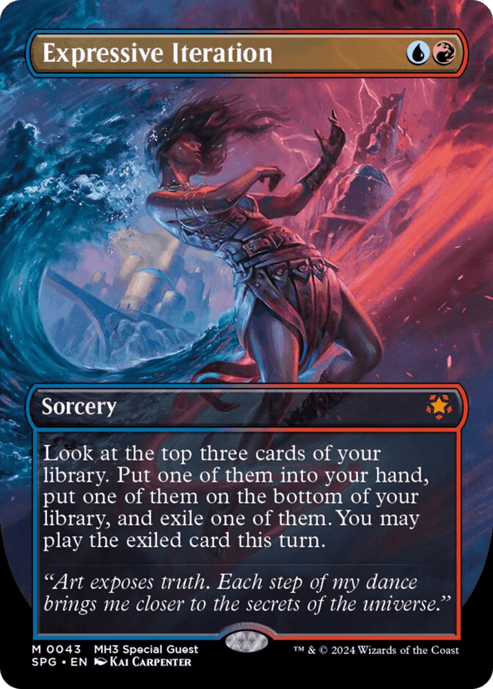 A Magic: The Gathering card named "Expressive Iteration (Borderless) [Modern Horizons 3 Special Guests]", with blue and red mana cost, showcases artwork of a figure dancing in a mystical setting. This sorcery allows you to look at the top three cards, placing one in hand, one on the bottom of your library, and exiling one.