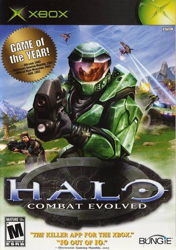 Cover art for "Halo: Combat Evolved" on Xbox. Features Master Chief in green armor holding a weapon, with a background depicting futuristic combat scenes involving the Covenant. Top left displays "Game of the Year!" text. Bottom includes logos, age rating "M," and Everything Games game publisher info.