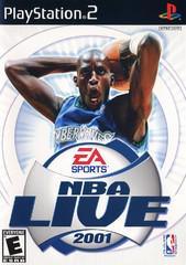 Cover of Everything Games' NBA Live 2001, the iconic PS2 basketball simulation game, featuring a dynamic player in a blue jersey. It prominently displays the 