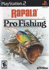 Cover of "Rapala Pro Fishing [Ps2]," a thrilling fishing game by Activision for PlayStation 2. Features a largemouth bass leaping for a lure with authentic Rapala gear, splashing water backdrop, and logos for PlayStation 2, Activision, plus ESRB rating "E" prominently displayed.