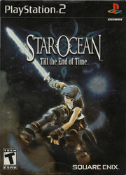 The PlayStation 2 game "Star Ocean Till The End Of Time" by Square Enix features an anime-style character with blue hair wielding a sword against a cosmic backdrop. This action RPG with real-time combat includes PlayStation and ESRB Teen logos on the cover art.