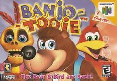 Cover art for the 3D platformer "Banjo-Tooie 64" on Nintendo 64 features colorful, cartoonish characters, with a bear in the center, a red bird on the right, and a skeletal figure on the left. Text reads "Banjo-Tooie 64" and "The Bear & Bird are Back!" along with the Nintendo 64 and RareWare logos.