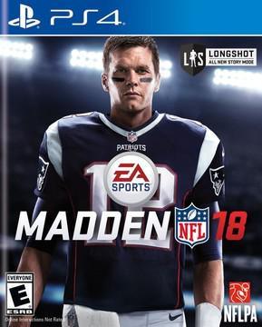 The Madden 18 (PS4) cover features a football player in a Patriots #12 jersey under bright stadium lights, with EA Sports and NFLPA logos, an ESRB 