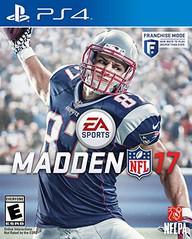 The "Madden NFL 17" cover art for PS4, from Everything Games, features a player in a dark blue #87 jersey reaching with the ball against a lively stadium backdrop. Prominent are the EA Sports and NFL logos. Experience this ultimate football simulation rated "E" for Everyone.