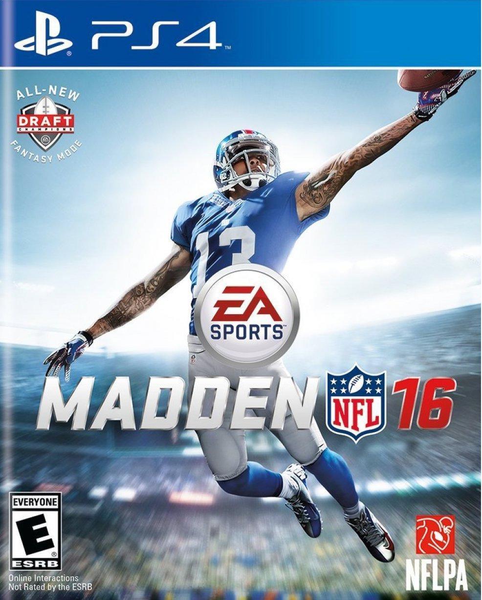 The Madden NFL 16 cover for PS4 features a player in blue and white leaping with the ball, highlighting an exhilarating football experience. It includes EA Sports, NFL, and NFLPA logos and emphasizes 