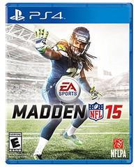 The Madden 15 (PS4) cover by NFLPA features a football player in blue and green in an action pose. With a stadium backdrop, the EA Sports logo is above the title, while NFL and NFLPA logos are at the bottom right.