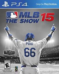 The cover of MLB 15: The Show on PlayStation 4 displays a player in a white jersey, number 66, with arms raised in victory against an electrified crowd. The MLB and PlayStation logos, along with the age rating, appear around the game title.