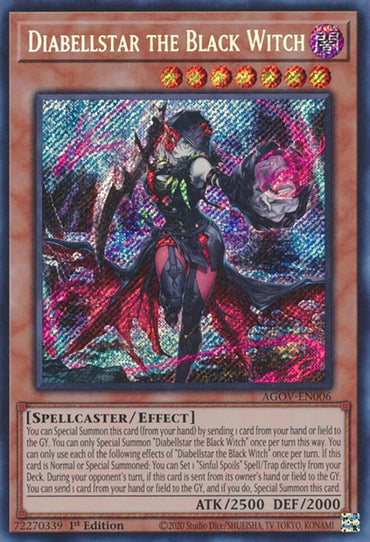 The Yu-Gi-Oh! Secret Rare card "Diabellstar the Black Witch [AGOV-EN006]" showcases a powerful armored female spellcaster with ATK 2500 and DEF 2000, channeling energy from her hands against a holographic, starry backdrop.