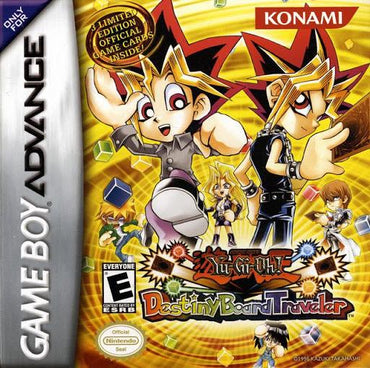 The "Yu-Gi-Oh Destiny Board Traveler" for GameBoy Advance by Konami features animated characters in dynamic poses on a yellow patterned background, emphasizing multiplayer battles and board game strategy. It includes limited edition game cards, with visible logos, an E rating, and the Nintendo Seal.