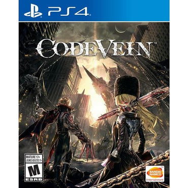 The "Code Vein" PS4 action RPG cover art features two characters: one with long blond hair holding a sword and another in a red coat with dual weapons, set against burning buildings in a post-apocalyptic cityscape. Rated M by ESRB; Bandai Namco logo visible.