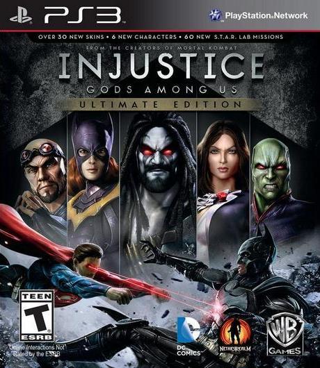 The cover of "Injustice Gods Among Us Ultimate Edition" for PS3 features iconic DC characters like Batman, Superman, Wonder Woman, and The Joker in dynamic battle poses. It displays logos for DC Comics, NetherRealm Studios, Warner Bros. Games, Teen ESRB rating, and PlayStation Network details.