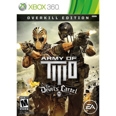 Cover art for EA Games' "Army of Two: The Devil's Cartel" Xbox 360 Overkill Edition features cooperative gameplay. Two masked soldiers wield firearms amidst smoke and debris on an action-packed battlefield backdrop. The game is rated M for Mature 17+.