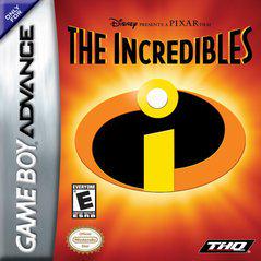 Game cover for THQ's "The Incredibles" on Game Boy Advance features a vibrant red and orange burst background with a central black and yellow "i" logo. The top reads "Disney presents a Pixar film" and "The Incredibles." Rated "E" for Everyone.