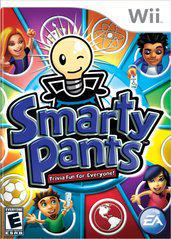 The cover of EA Games' Nintendo Wii title "Smarty Pants" features a central lightbulb character, surrounded by trivia symbols like a sports ball, music note, beaker, globe, and art palette. Four diverse animated characters shine beneath the text: "Smarty Pants: Trivia Fun for Everyone!.