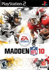 The Madden 10 (PS2) cover from EA Sports features two football players in dynamic action: one in a black and yellow uniform, the other in red and white. The EA Sports and NFL logos are prominent amid vibrant background colors.