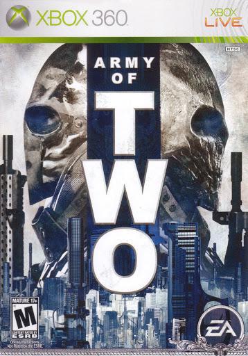 The cover of the Xbox 360 game "Army of Two" by EA Games showcases two masked soldiers with customizable weapons against a backdrop of skyscrapers and a cloudy sky. The bold white title "Army of Two" stands prominently, highlighting the game's dynamic co-op gameplay. Rated M for Mature 17+ by the ESRB, the cover also features the EA logo in the bottom right corner.