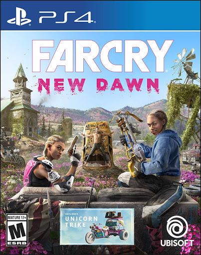 The "Far Cry: New Dawn" PS4 cover, published by Ubisoft, shows two armed figures in a colorful post-apocalyptic world with bright pink flowers, an upcycled vehicle, and a background of mountains and a church. Rated Mature 17+, this is an engaging open-world adventure.