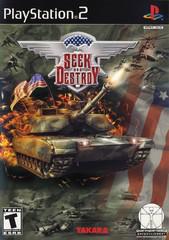 The "Seek and Destroy" cover sports a fiery tank, helicopters, and an American flag. Its central logo features a target and wings, emphasizing customizable tanks. The PlayStation 2 game by Takara is rated "Teen," with the PS2 and Takara logos displayed.