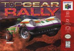 The Nintendo 64 cover art of Midway's "Top Gear Rally" features a stylized rally car in green and purple stripes, numbered "83," racing on a dirt track. Dust and motion convey racing excitement, with the Kemco logo and Nintendo 64 badges on top corners, emphasizing its iconic status.