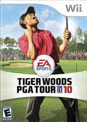 Cover image for the Wii game "Tiger Woods PGA Tour 10" by Everything Games features a golfer in a red shirt and black pants celebrating with a raised fist on a vibrant golf course backdrop, emphasizing the motion controls that create an immersive Wii golf experience. The title and EA Sports logo are prominently displayed, with an "E" for Everyone rating.