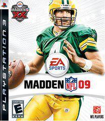 The cover of Madden 09 for PlayStation 3 features a player in green and yellow gear, with the EA Sports logo, titled "Madden NFL 09." Key elements include the NFL Players logo, Adaptive Difficulty Engine, and EA SPORTS BackTrack. Rated E for Everyone. Brand Name: Everything Games.