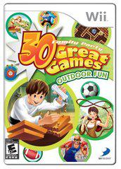 The cover of "Family Party: 30 Great Games Outdoor Fun" for Wii, published by D3 Publisher, bursts with vibrant graphics featuring cartoon characters engaging in various family-friendly activities like building with wooden blocks, playing soccer, and using a magnifying glass. The game's logo is prominently displayed against a lively green backdrop.