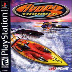 The "Hydro Thunder" PS1 cover, by Midway, features exciting boat racing with two speedboats skimming vibrant blue waters under a golden sunset. The logo is prominently displayed at the top, flanked by PlayStation and Midway logos. ESRB rated: Everyone.