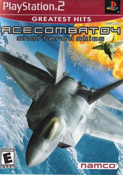 The cover of "Ace Combat 4" for PS2, an exciting aerial combat game, features a fighter jet above the clouds with another in the distance. The title and "Greatest Hits" label are at the top, and Namco's logo is at the bottom. Rated "Everyone.