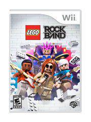 The "LEGO Rock Band" cover for Wii by WB Games showcases a quintessential rock band with LEGO figures—a guitarist, vocalist, drummer, and bassist—performing against vibrant stage lights and a white brick wall with game logos. It's rated E for Everyone.