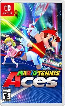 Cover of the Everything Games product "Mario Tennis Aces" featuring Mario in a red outfit and white gloves swinging a tennis racket. Princess Peach is in the background on a tennis court. The title "Mario Tennis Aces" is prominently displayed at the bottom. Rated "E" for Everyone, offering exciting multiplayer tennis battles.