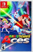 Cover of the Everything Games product "Mario Tennis Aces" featuring Mario in a red outfit and white gloves swinging a tennis racket. Princess Peach is in the background on a tennis court. The title "Mario Tennis Aces" is prominently displayed at the bottom. Rated "E" for Everyone, offering exciting multiplayer tennis battles.