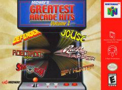 The "Midway's Greatest Arcade Hits Volume 1" for Nintendo 64 features cover art of a classic arcade cabinet with games like Defender and Joust, alongside logos, ratings, and prominent Nintendo 64 and Midway branding.