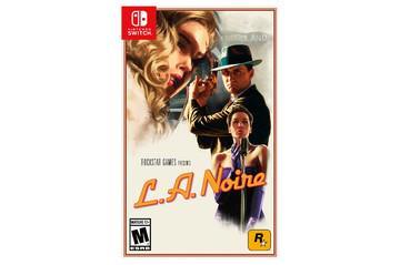 The cover art for Everything Games' "LA Noire" on Nintendo Switch shows a trench-coated man with a gun and a 1940s-dressed woman. The title is in orange cursive, rated Mature by ESRB, with Nintendo Switch and Rockstar logos included.