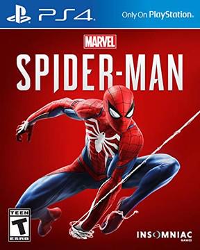 The PS4 cover for Marvel Spiderman by Insomniac displays Spider-Man in his red and blue suit swinging on a web with a red backdrop. The top features 